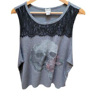 Haute Hippie Gray Lace Skull Graphic Sleeveless Tank Top  Made In USA 100% Modal
